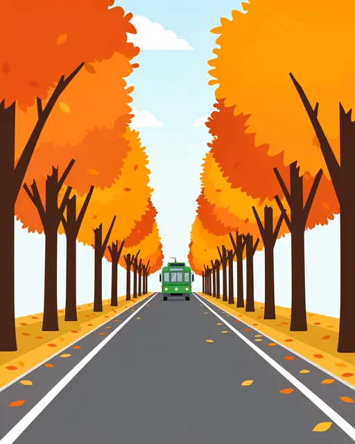 Green tram sits at the end of a tree-lined autumn road under a pale cloudy sky