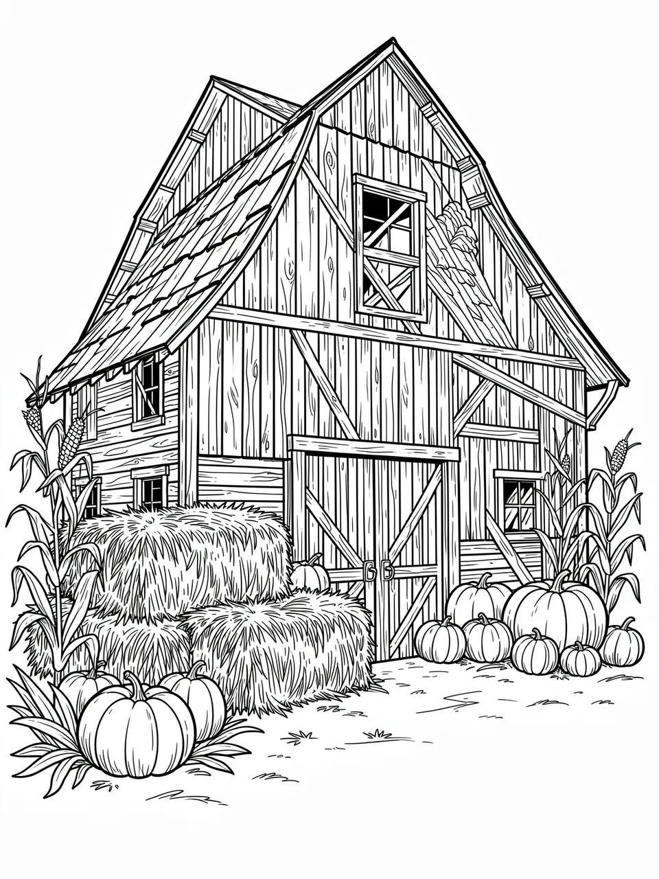 Black and white line art of an old wooden barn surrounded by hay bales, pumpkins and corn stalks on a white background