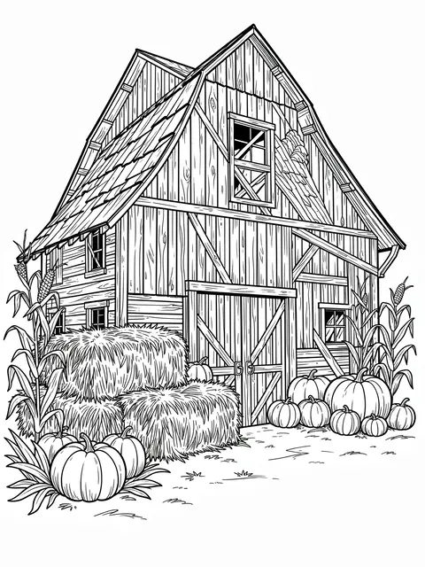 Black and white line art of an old wooden barn surrounded by hay bales, pumpkins and corn stalks on a white background