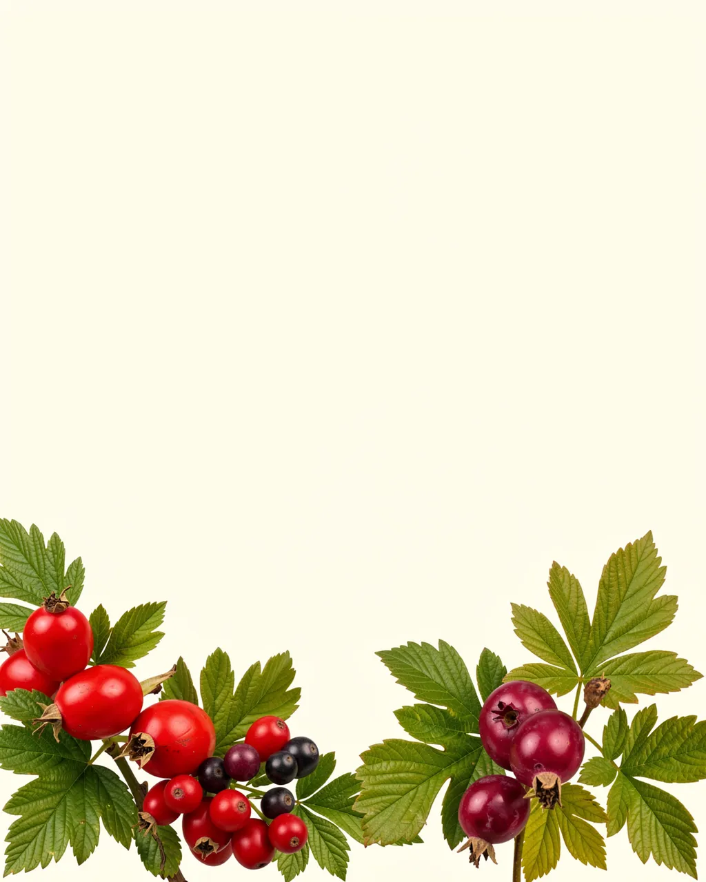 Clusters of wild berries and green foliage rest along the bottom edge of an empty cream background.