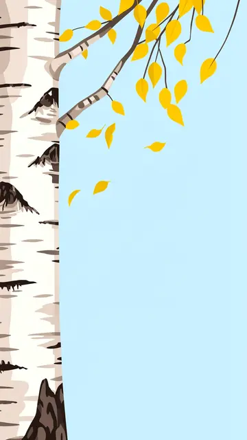 A stylized vector illustration of a birch trunk on the left with yellow autumn leaves drifting across pale blue empty space.