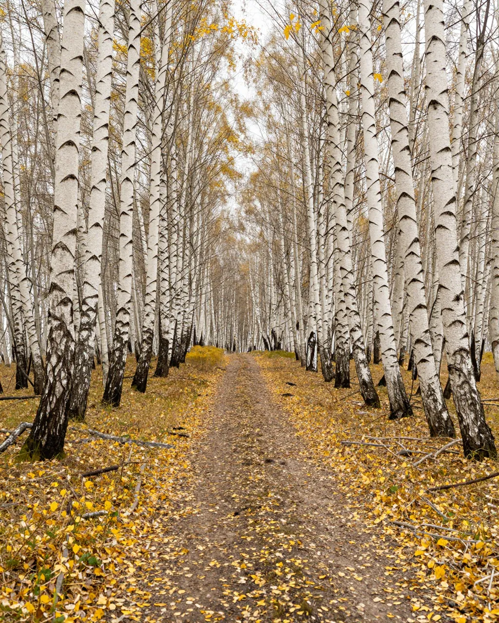A dirt trail lined with yellow fallen leaves winds through a dense birch forest under overcast skies