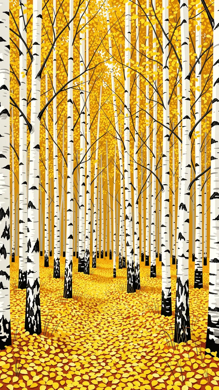 Vertical flat vector illustration of a dense autumn birch forest covered in golden fallen leaves