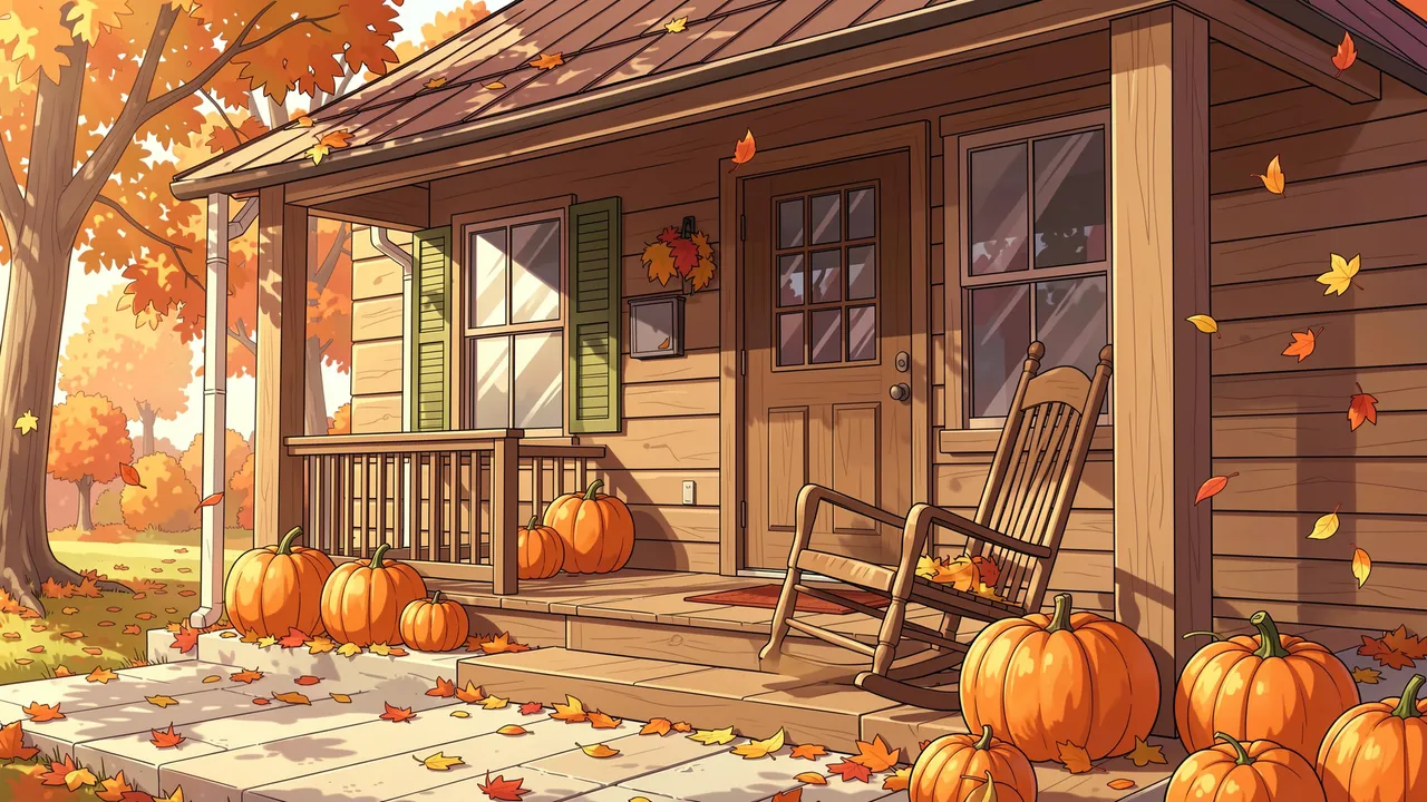 An anime-style wooden cabin porch displays pumpkins, a rocking chair, and falling autumn leaves.