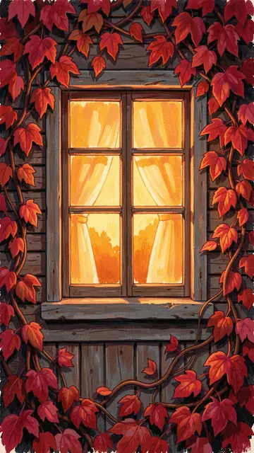 Warm glowing cabin window framed by red autumn ivy vines at twilight