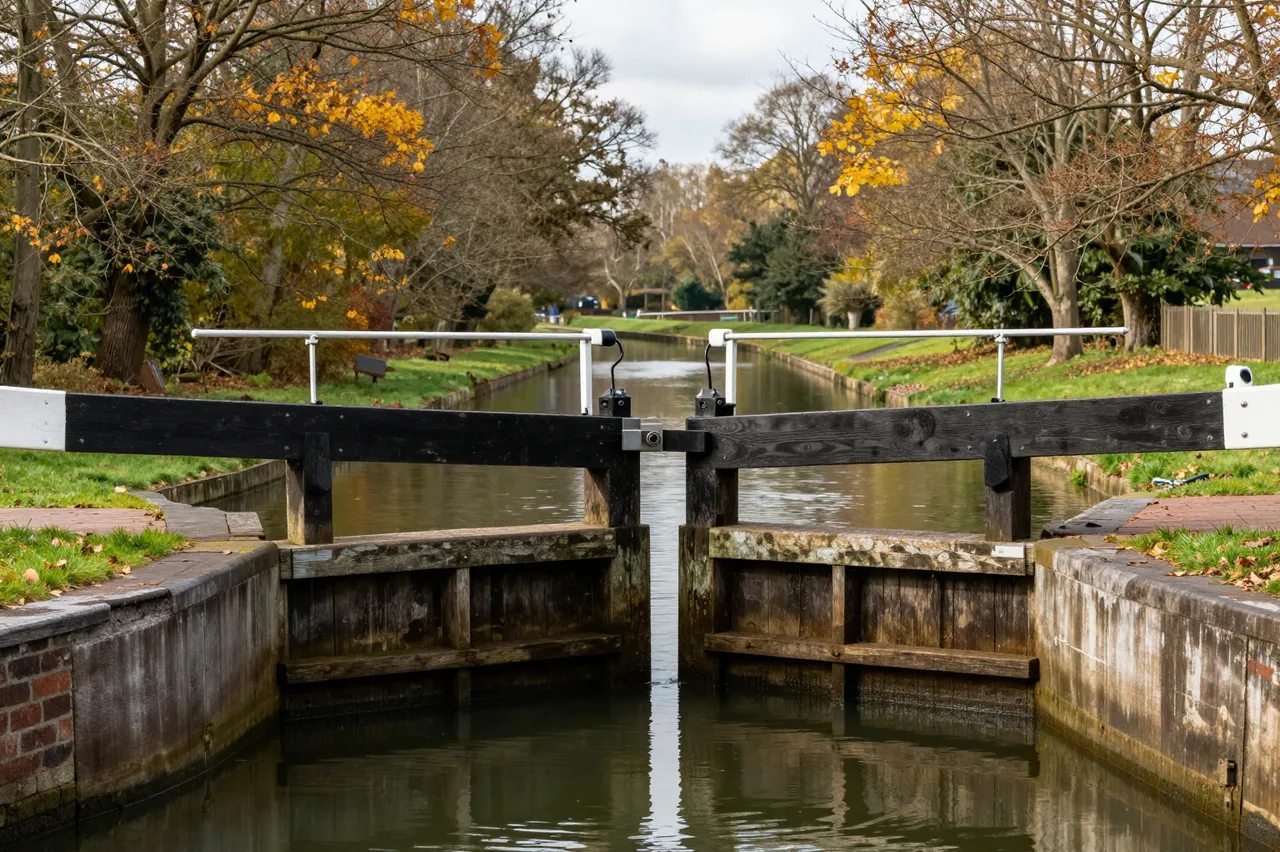 Weathered wooden canal lock gates hold back calm still water flanked by autumn trees