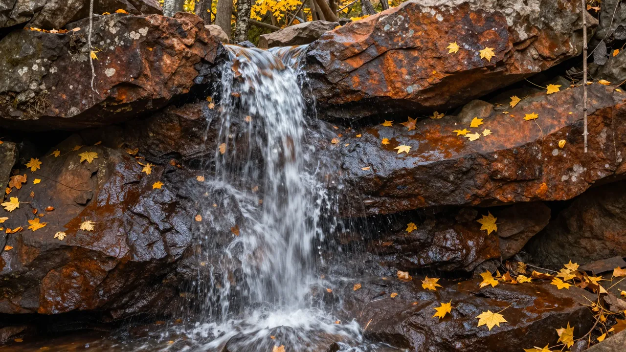 A small tiered waterfall flows over wet rust-colored rocks scattered with yellow autumn maple leaves.