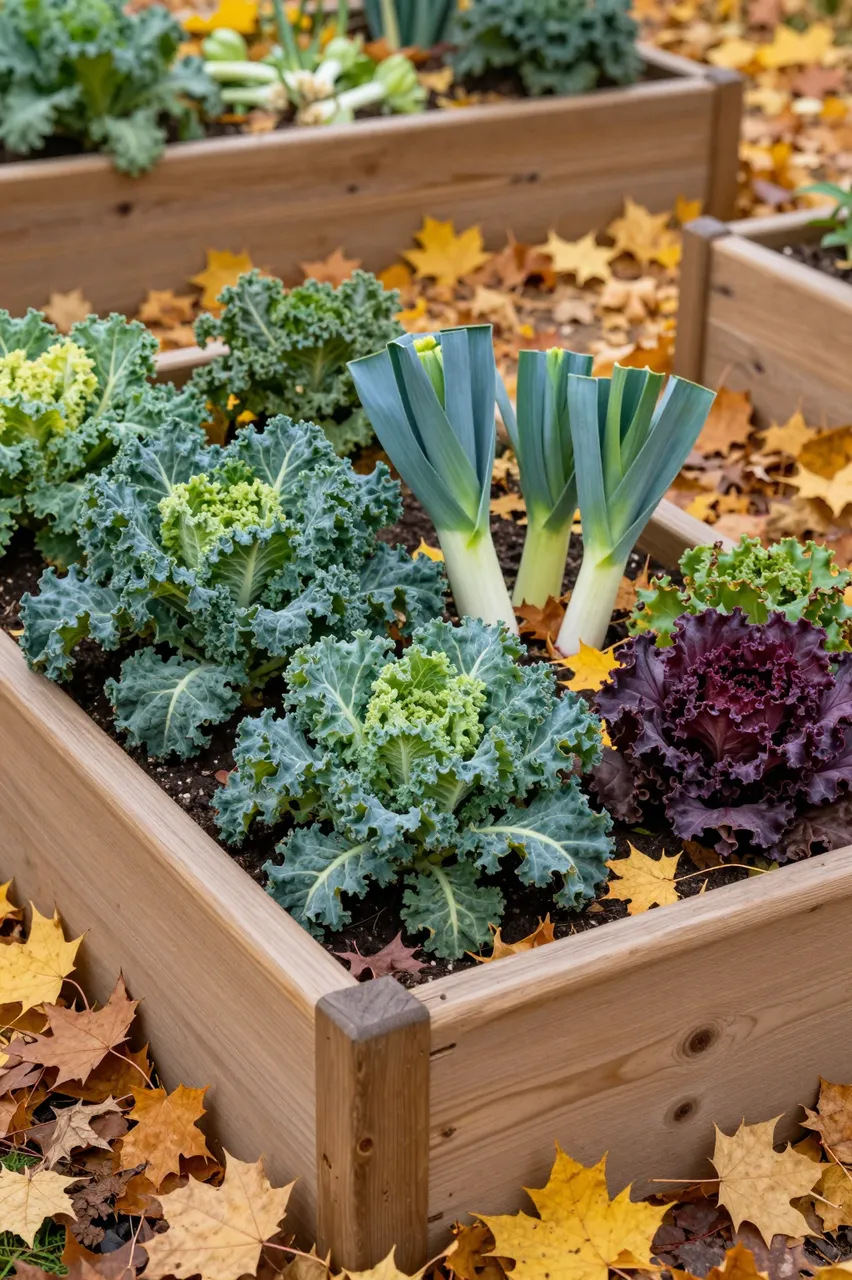 Cedar raised garden beds hold kale, leeks and purple cabbage surrounded by fallen autumn maple leaves.