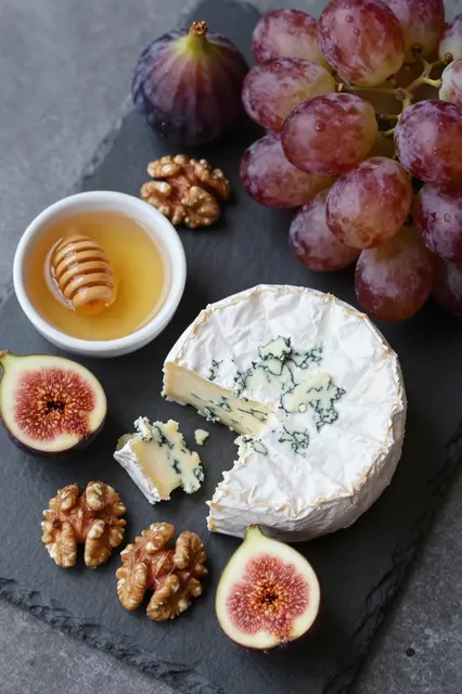 Overhead view of a slate cheese board with blue brie, honey, figs, walnuts and red grapes.