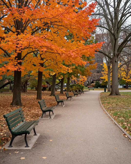 Empty paved park path lined with green benches under bright orange maple trees in fall