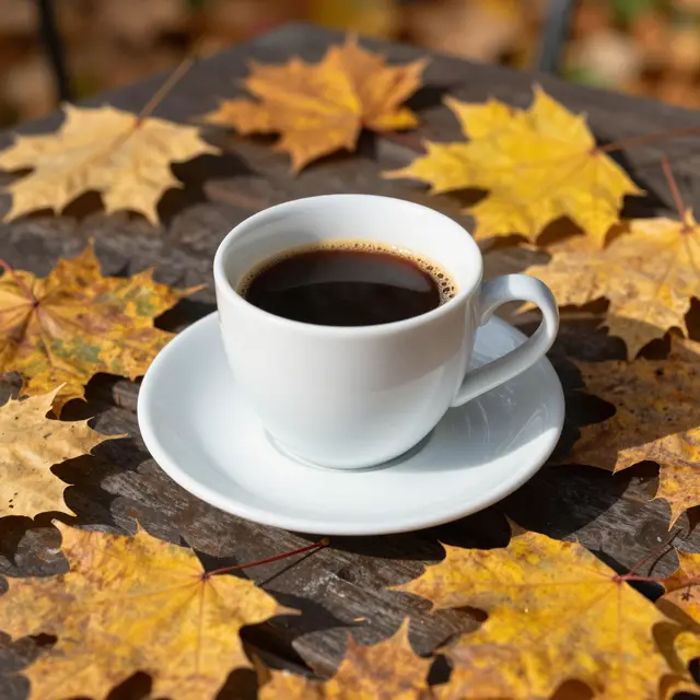 A white cup of black coffee rests on a saucer atop a dark wooden table scattered with golden fallen maple leaves in bright