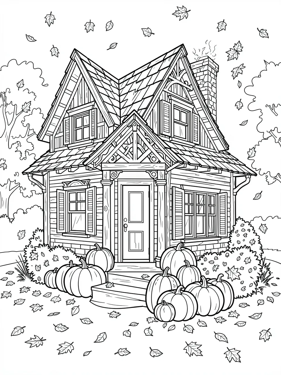 Black and white line art of a cozy fall cottage with pumpkins on the steps and falling leaves for coloring
