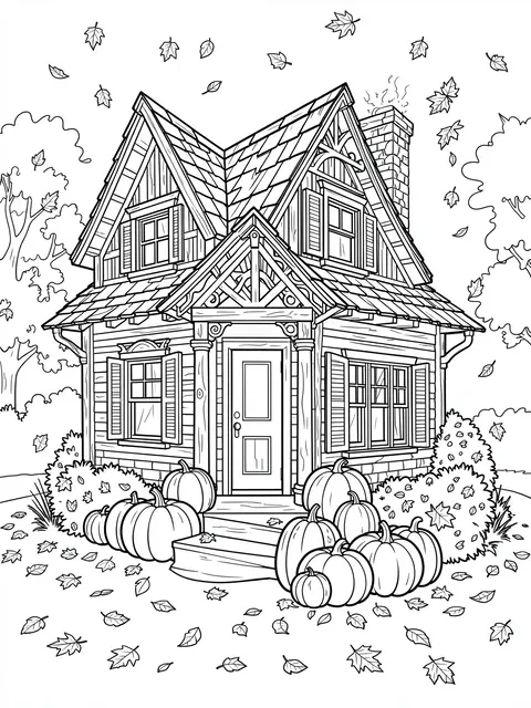 Black and white line art of a cozy fall cottage with pumpkins on the steps and falling leaves for coloring