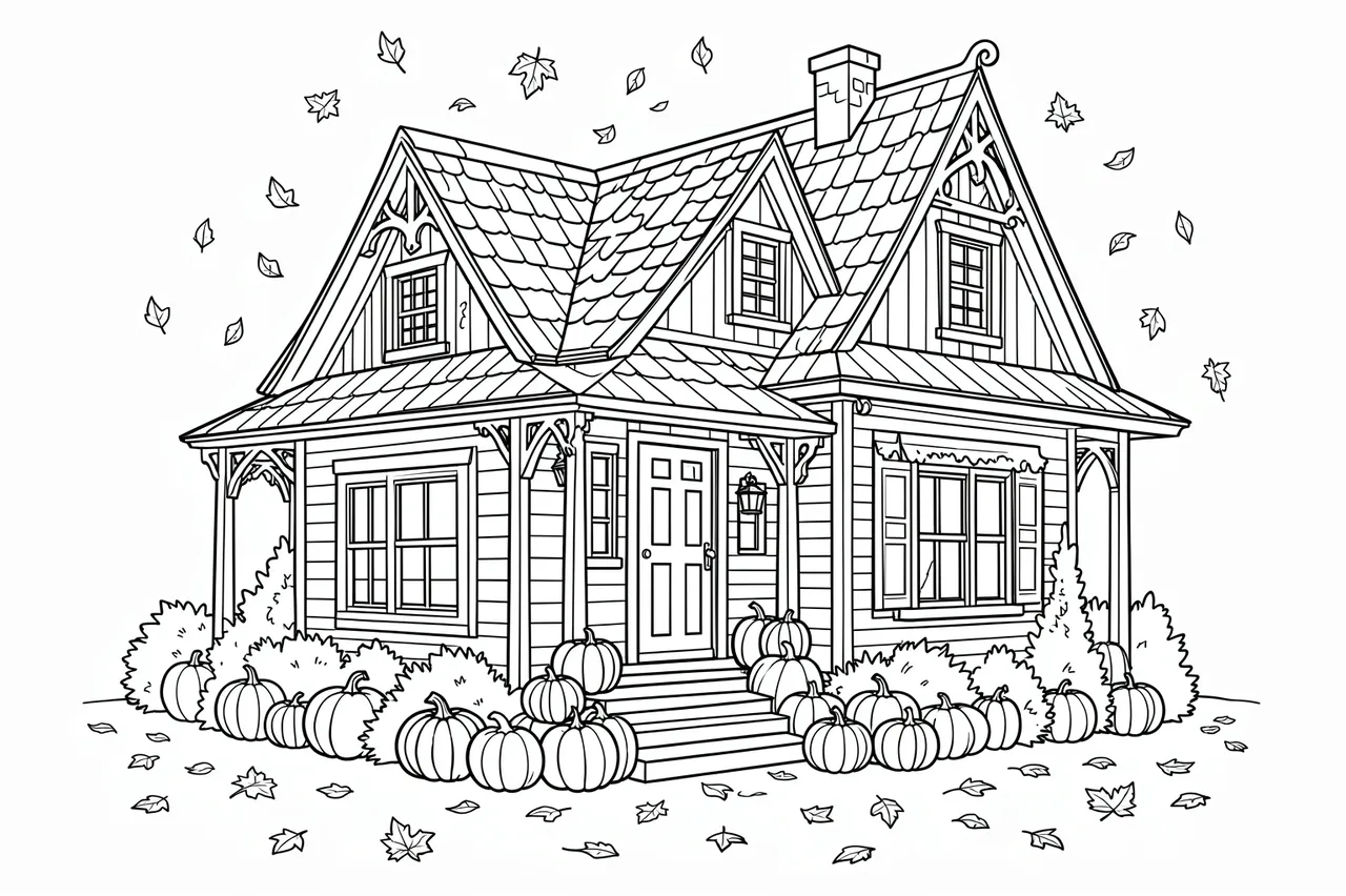 Black and white line art of a cozy autumn cottage surrounded by pumpkins with falling leaves on a white background