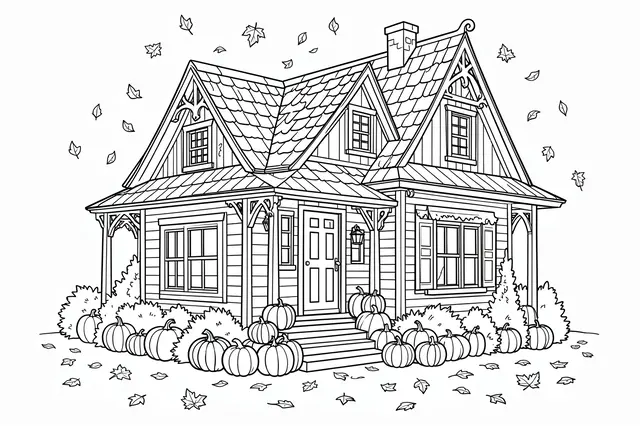 Black and white line art of a cozy autumn cottage surrounded by pumpkins with falling leaves on a white background