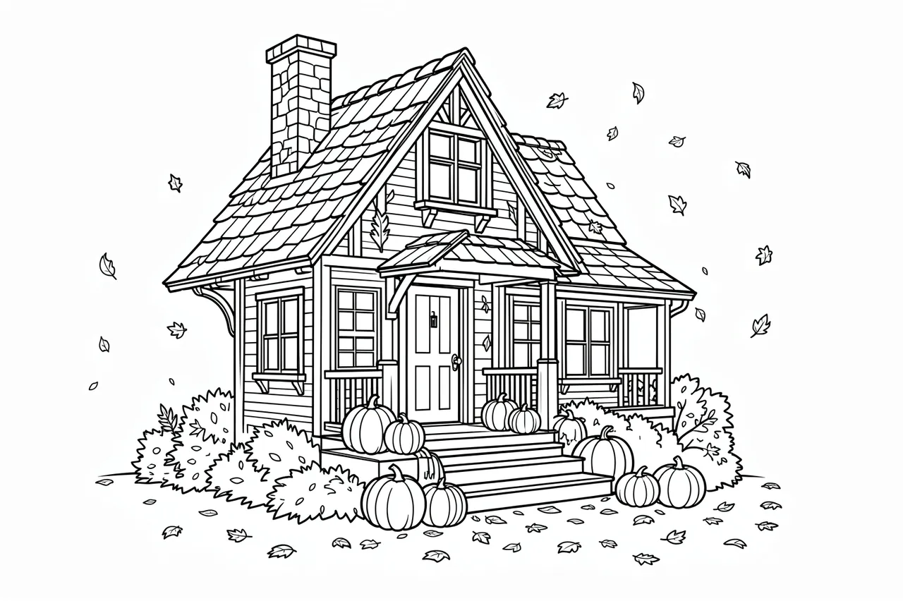 Black and white line art of a cozy cottage decorated with pumpkins and falling autumn leaves on a white background
