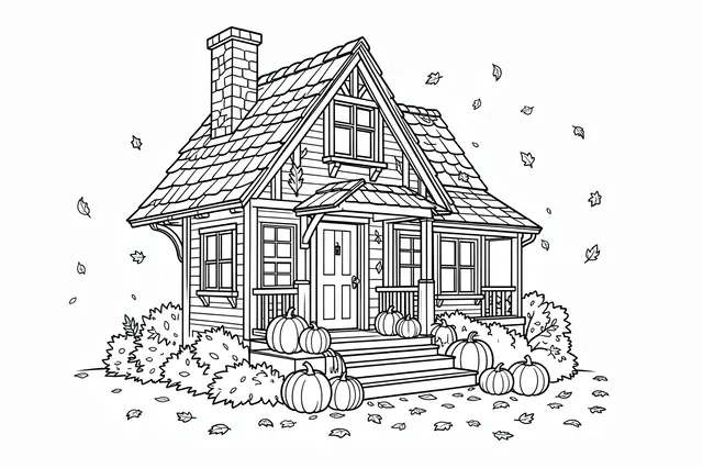 Black and white line art of a cozy cottage decorated with pumpkins and falling autumn leaves on a white background