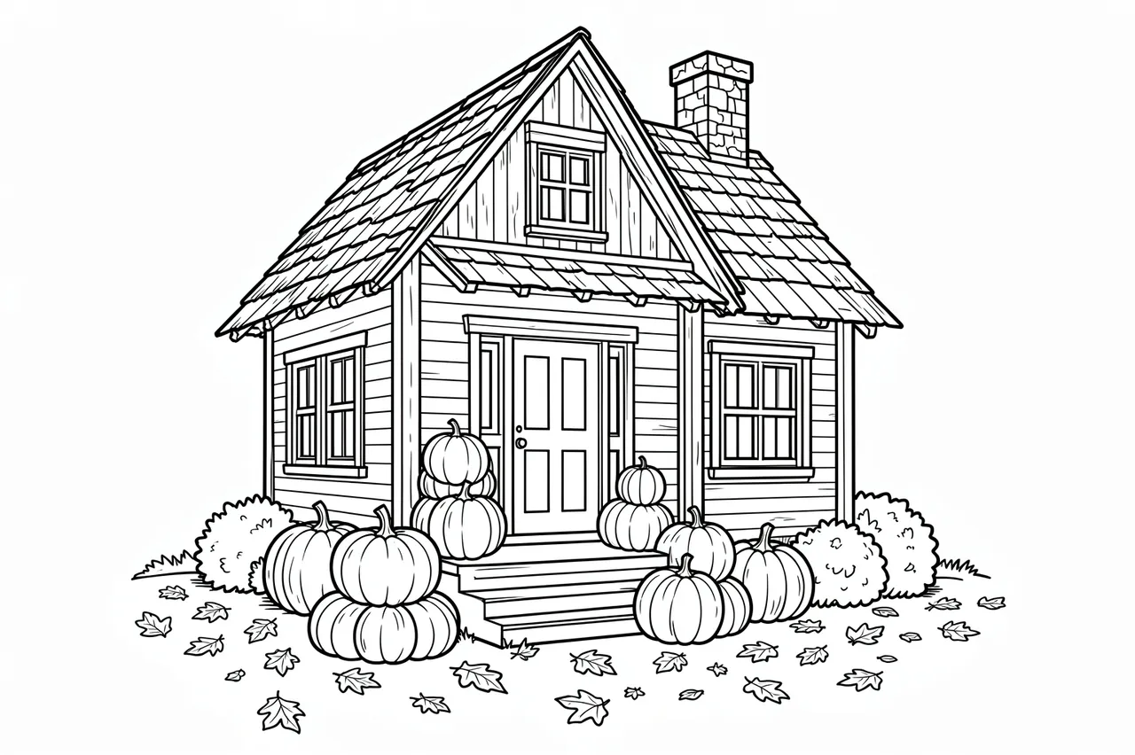 Black and white line art of a cozy cottage surrounded by pumpkins and scattered fall leaves on a white background