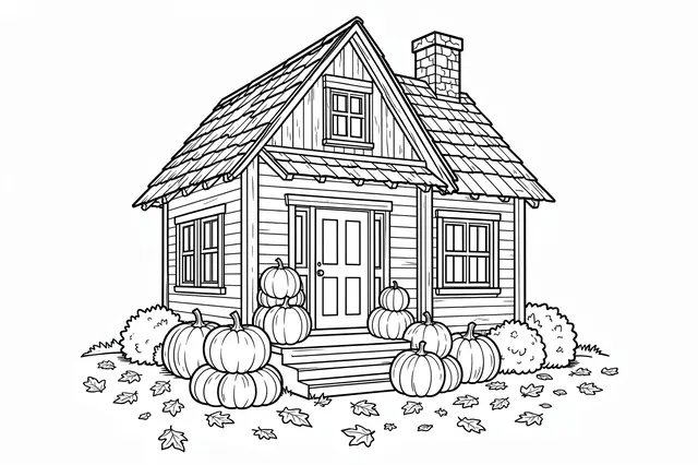 Black and white line art of a cozy cottage surrounded by pumpkins and scattered fall leaves on a white background