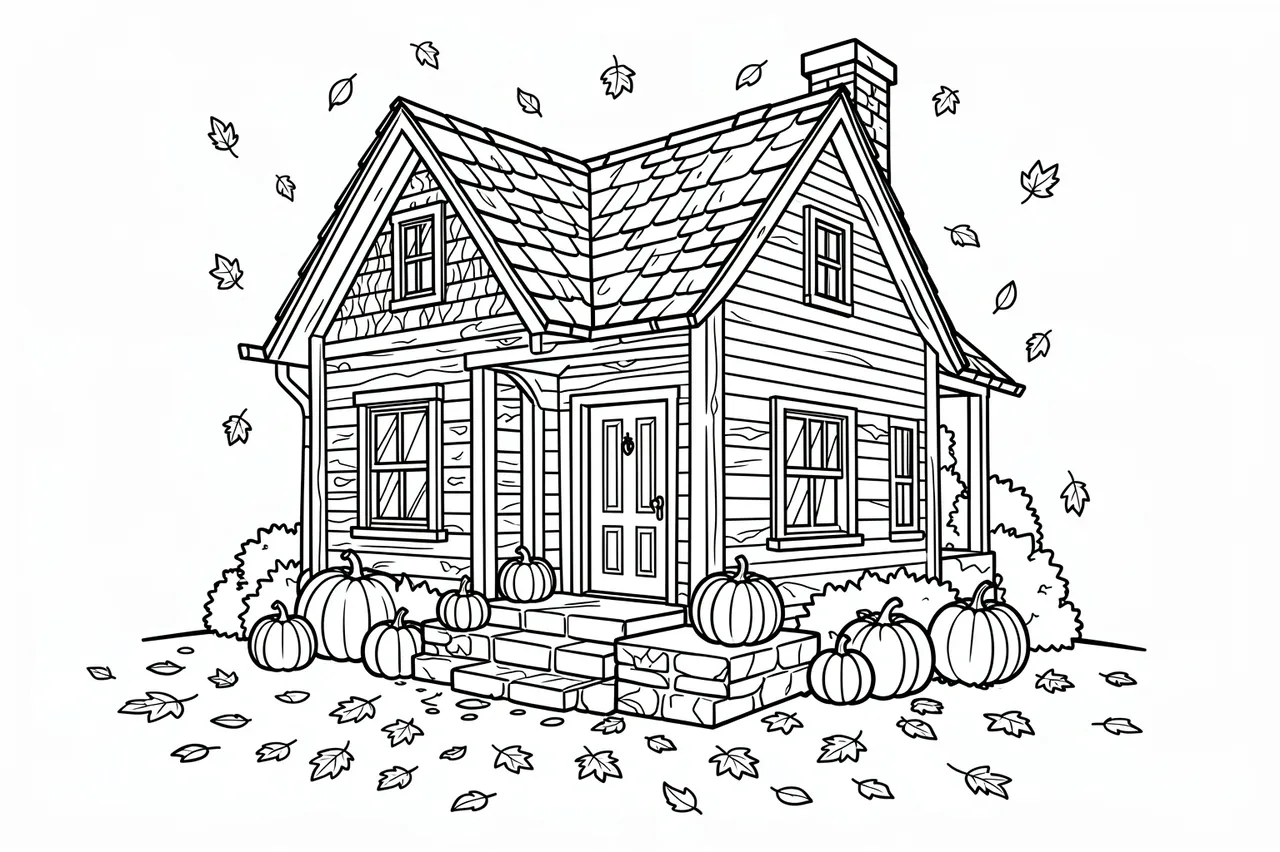 Black and white line art of a cozy fall cottage with pumpkins and falling autumn leaves on a white background