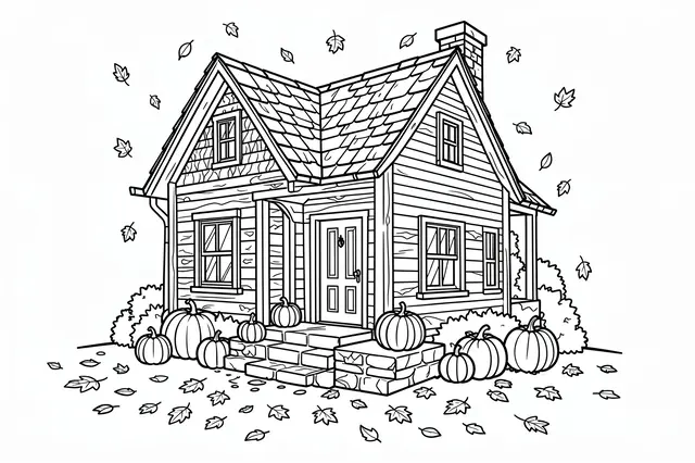Black and white line art of a cozy fall cottage with pumpkins and falling autumn leaves on a white background
