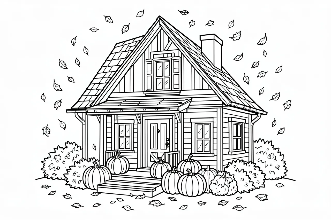 Black and white line art of a cozy autumn cottage with pumpkins on the steps and falling leaves