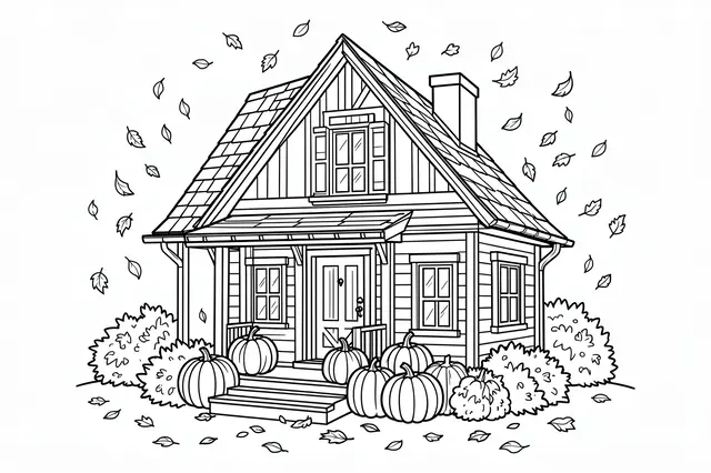 Black and white line art of a cozy autumn cottage with pumpkins on the steps and falling leaves