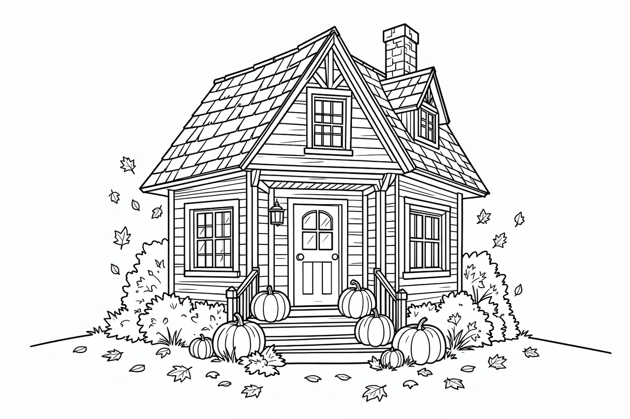 Clean black and white line art of a cozy cottage with pumpkins on steps and falling autumn leaves