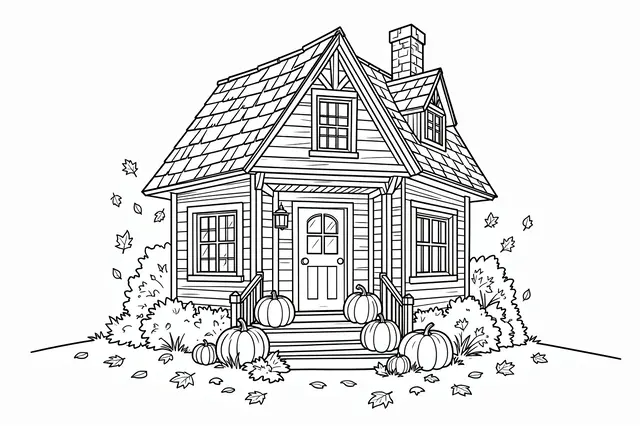 Clean black and white line art of a cozy cottage with pumpkins on steps and falling autumn leaves
