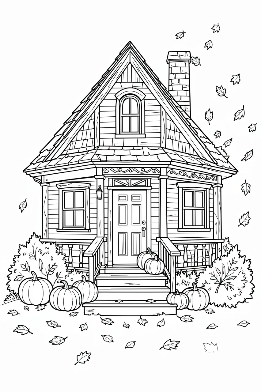 Black and white line art of a cozy cottage with pumpkins, bushes, and falling autumn leaves on a plain white background