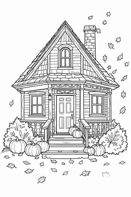 Black and white line art of a cozy cottage with pumpkins, bushes, and falling autumn leaves on a plain white background