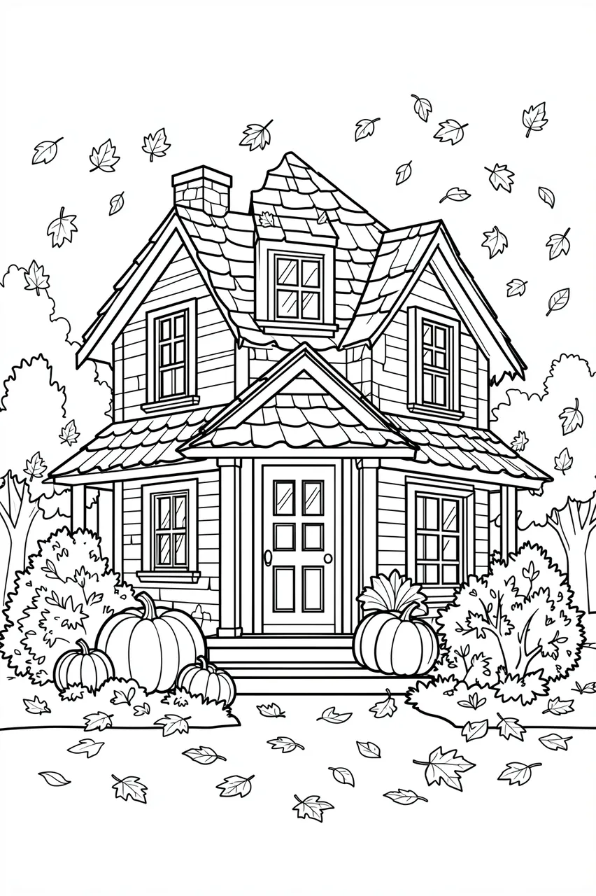 Clean black and white line art of a cozy cottage with pumpkins, falling leaves, and surrounding bushes