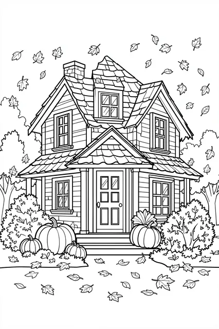 Clean black and white line art of a cozy cottage with pumpkins, falling leaves, and surrounding bushes