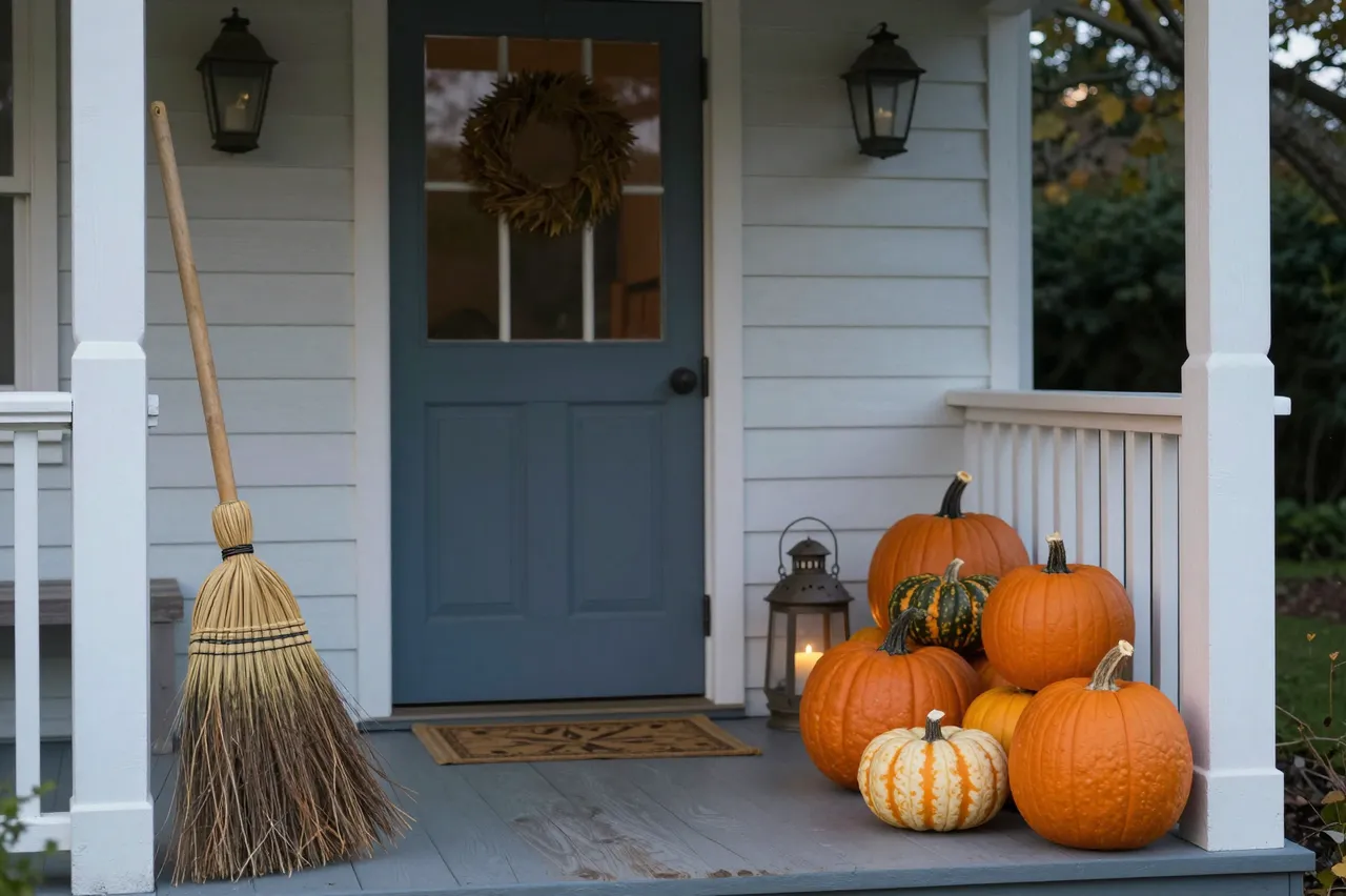 Cottage porch decorated with pumpkins, a broom, and lit lanterns for fall at dusk