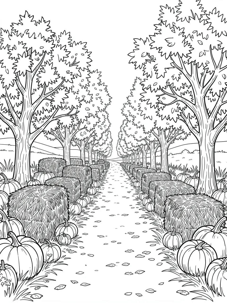 Black and white line art of a country lane lined with hay bales, pumpkins and autumn trees on a plain white background