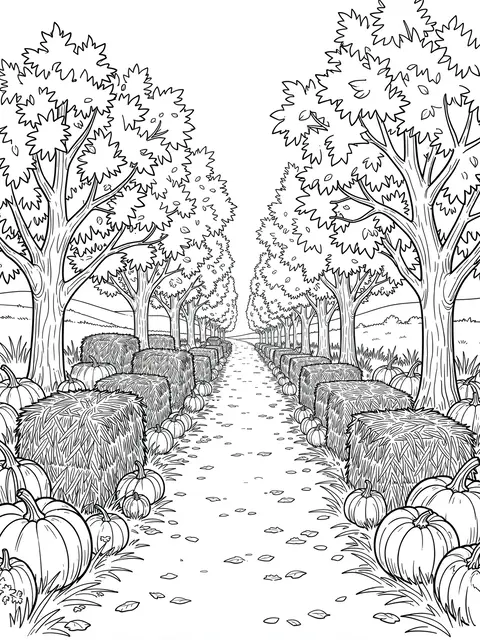 Black and white line art of a country lane lined with hay bales, pumpkins and autumn trees on a plain white background