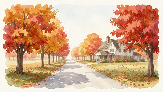 Watercolor illustration of a tree-lined autumn road leading to a cozy country farmhouse