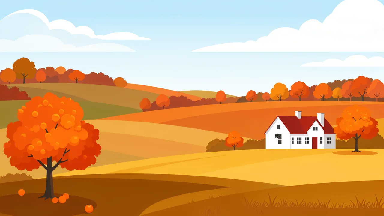 Flat vector autumn countryside scene with rolling fields, orange fall trees and a white farmhouse under a pale blue sky.
