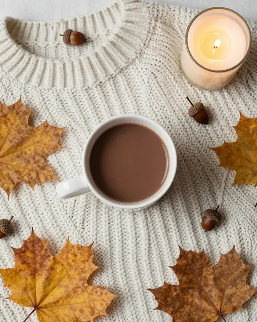 Top down view of a cream knit sweater arranged with hot cocoa, a lit candle, maple leaves and acorns