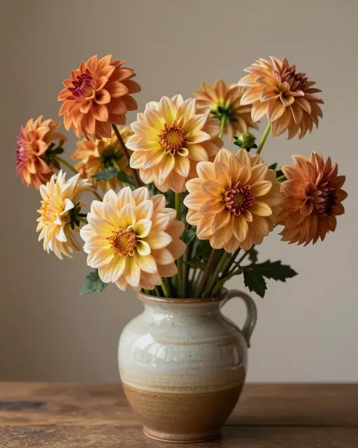 Warm orange and yellow dahlia bouquet sits in a glazed ceramic pitcher on a wooden table