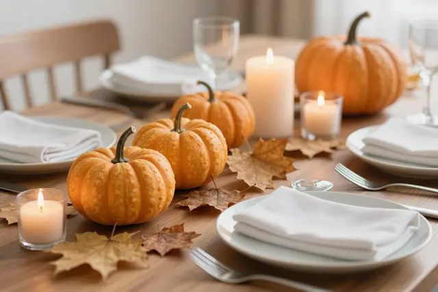 A styled wooden dining table set with pumpkins, lit candles, dried leaves and place settings for fall entertaining