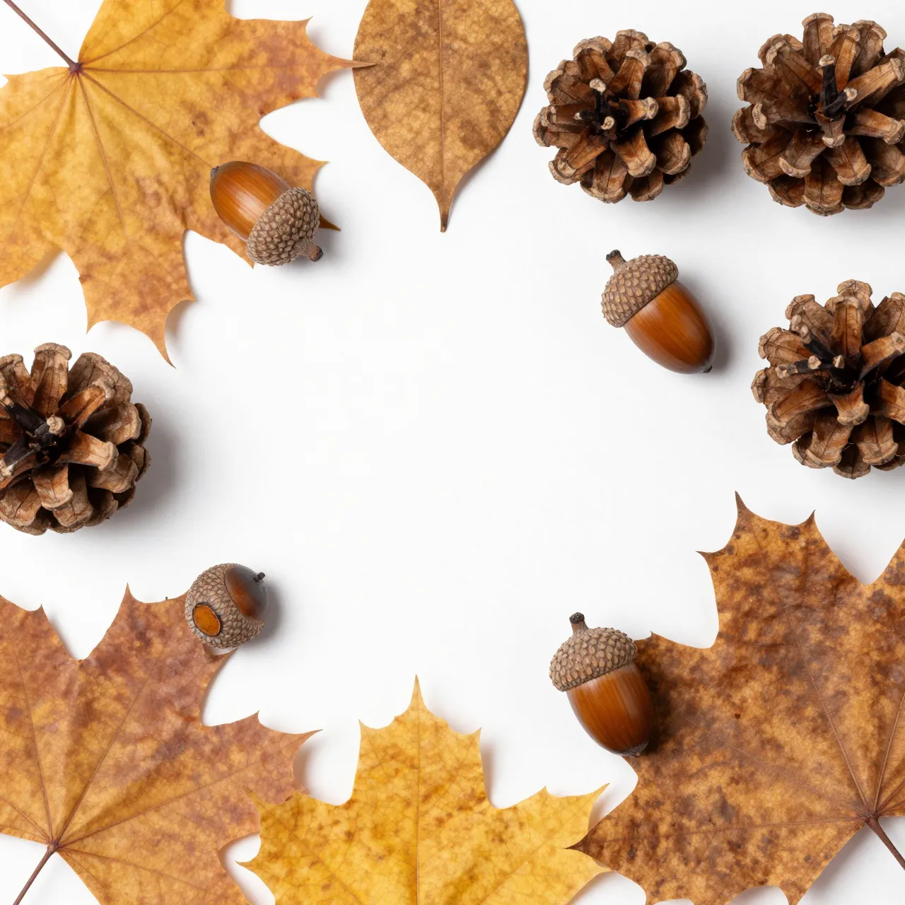 Autumn maple leaves, acorns and pinecones arranged in a border on a plain white background