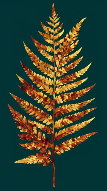 A single rust and ochre autumn fern frond centered on a dark teal background