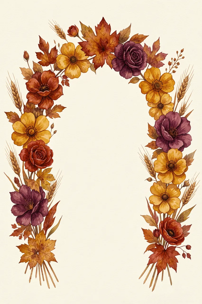 Watercolor arched frame of fall flowers, maple leaves and wheat on a plain cream background with empty center space