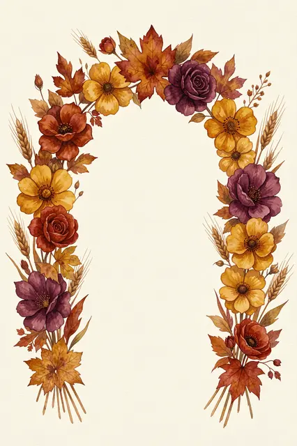 Watercolor arched frame of fall flowers, maple leaves and wheat on a plain cream background with empty center space