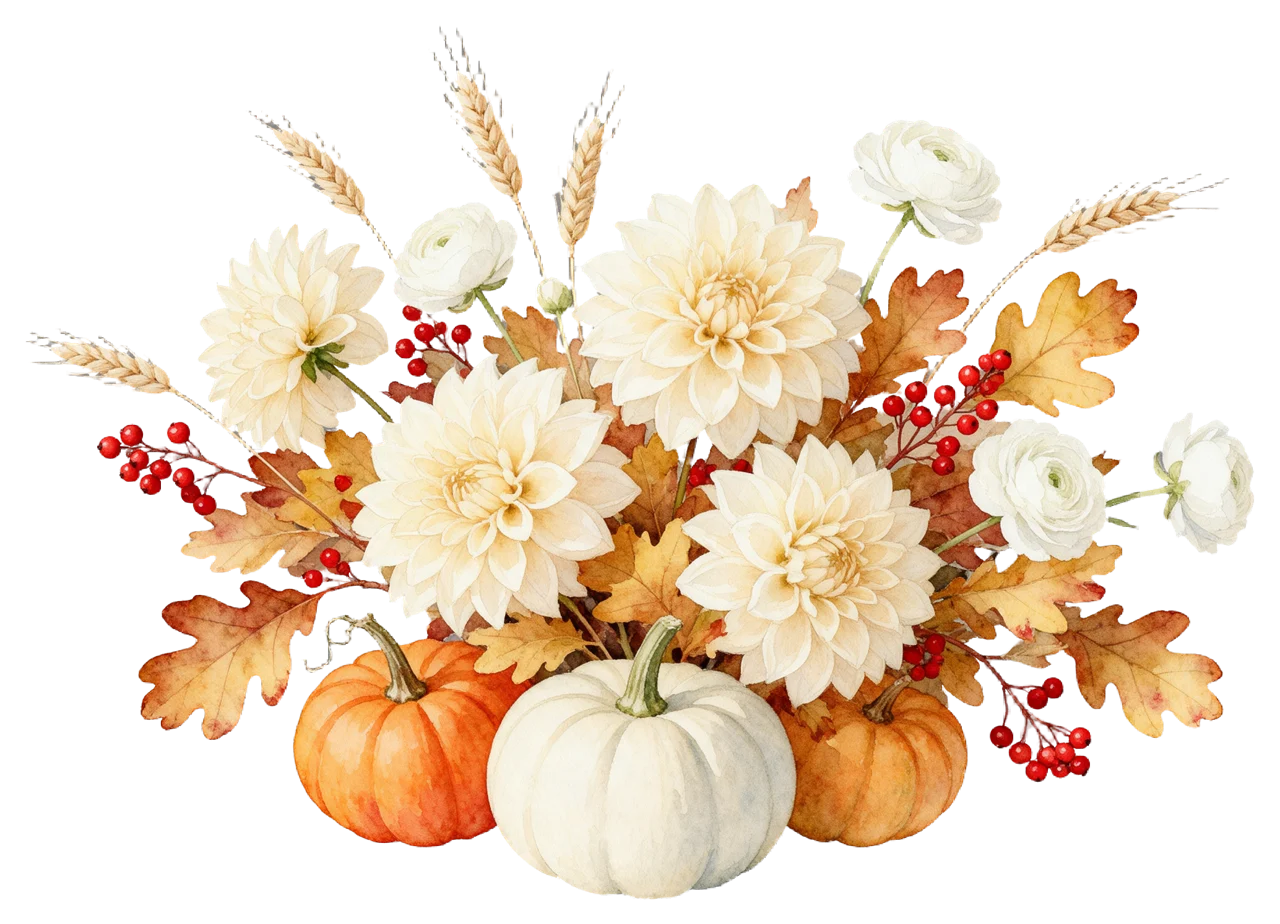 Delicate watercolor autumn arrangement of dahlias, ranunculus, pumpkins, leaves and berries