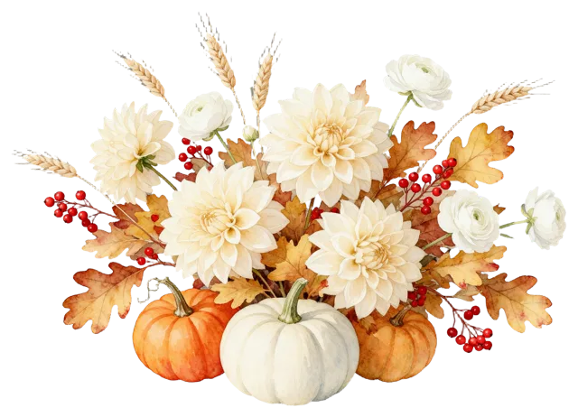 Delicate watercolor autumn arrangement of dahlias, ranunculus, pumpkins, leaves and berries