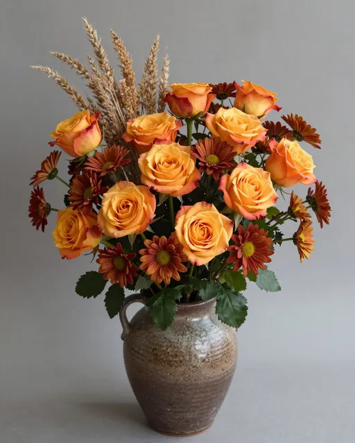 A lush autumn bouquet of orange roses, rust chrysanthemums and dried grasses sits in a glazed stoneware vase against a plain