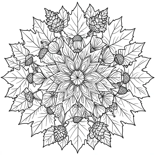 Intricate black and white line art mandala of maple leaves, acorns and pinecones on a plain white background