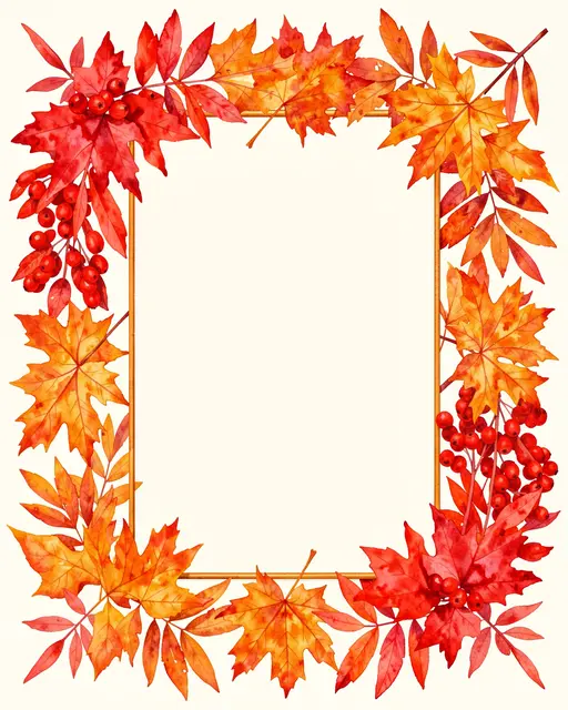 Watercolor decorative frame of fall leaves and berries surrounding an empty cream copy-space center